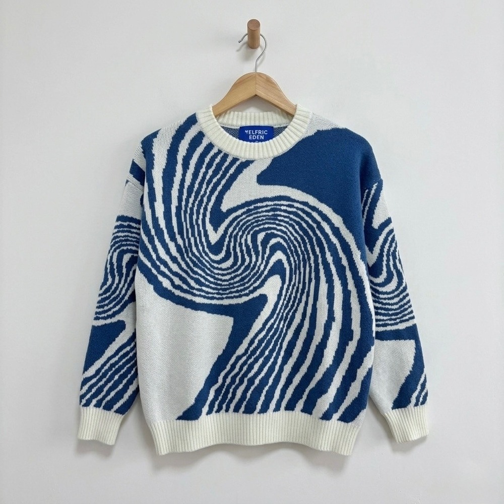 Aelfric Eden Blue White Whirlpool Optical Illusion Knit Sweater Small Men Women
